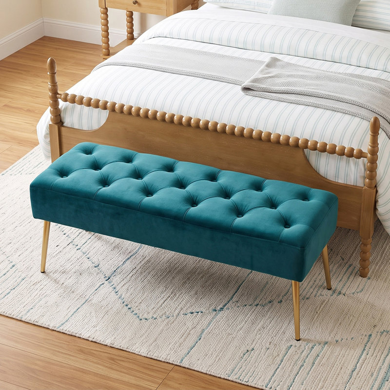 Banc capitonné en velours de style moderne du milieu du siècle, 44 po de largeur, Atrovirens Velvet
