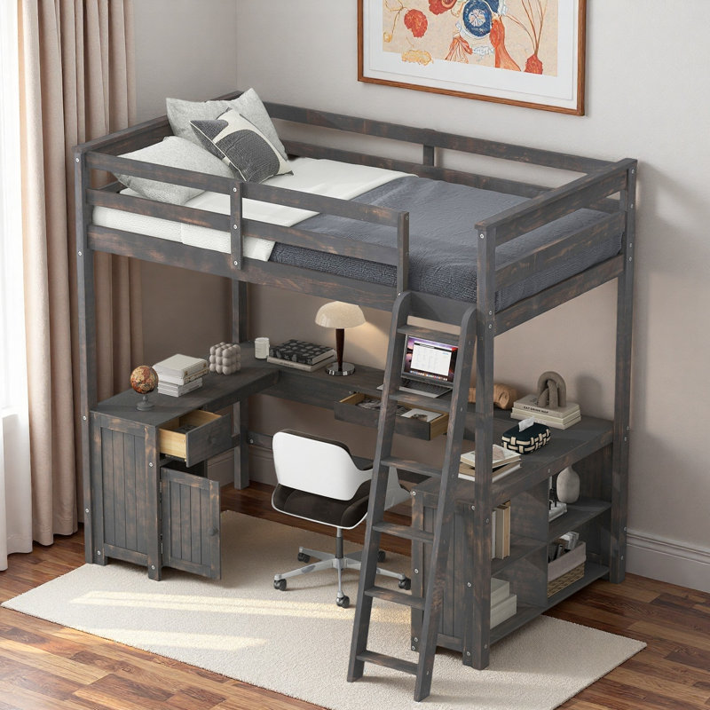 Lit mezzanine avec bureau en U, tiroirs, tablettes de rangement et armoire, Brun antique