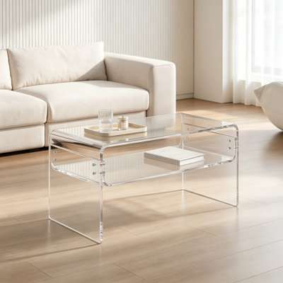 Table basse rectangulaire transparente en acrylique avec rangement ouvert, table d'appoint moderne pour salon, chambre, bureau ou réception