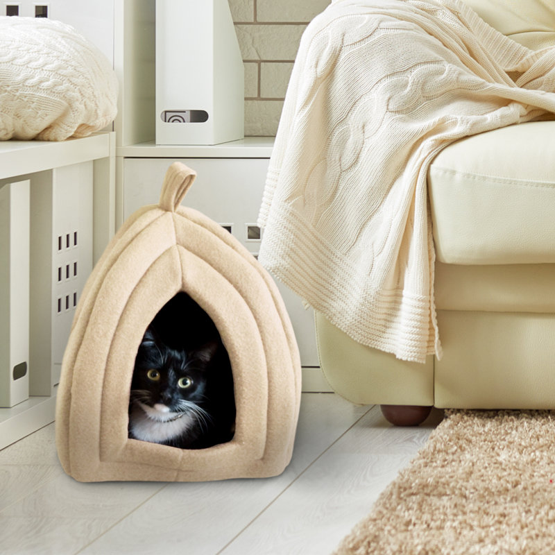 Tan Plush Foam Triangle Cat Bed with Enclosed Hood