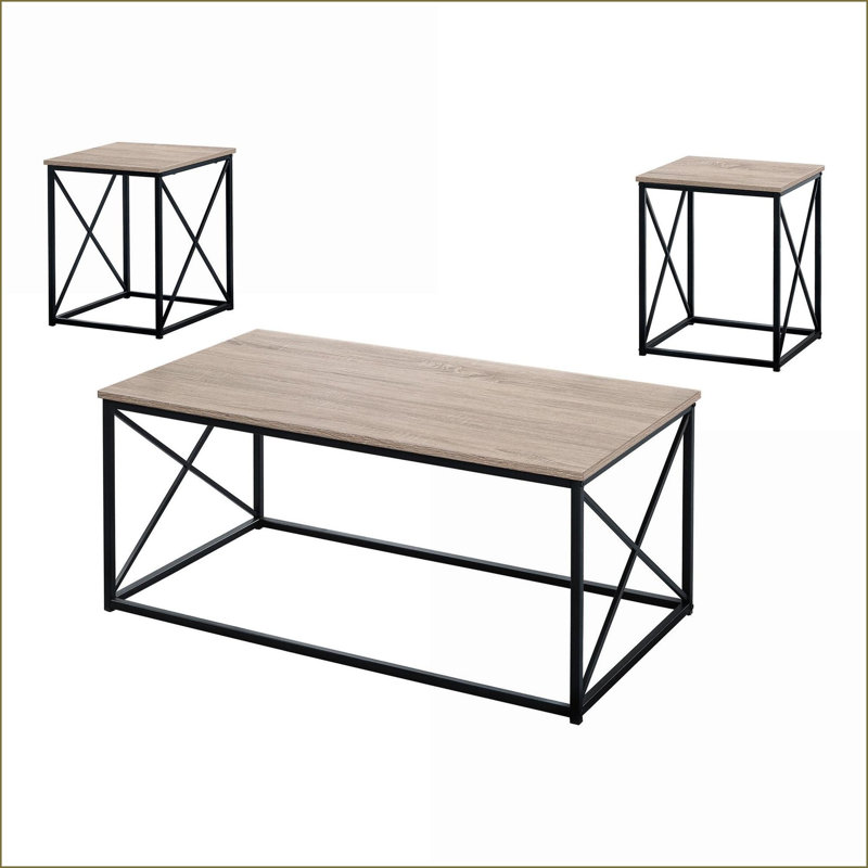 Table basse contemporaine en stratifié de chêne délavé, pieds en métal noir avec tiroir de rangement