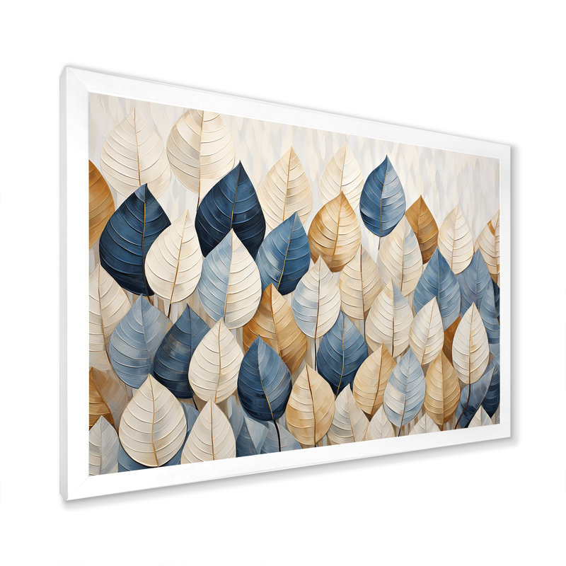 «Beige and Blue Minimalisme Leaves Collage I», art mural pour salon, Cadre simple blanc, H 16 po x l 32 po x P 1 po