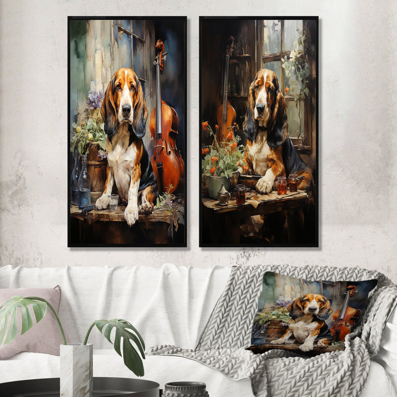Basset hound melody - ensemble de 2 reproductions d'art mural, Cadre noir, H 40 po x l 41 po
