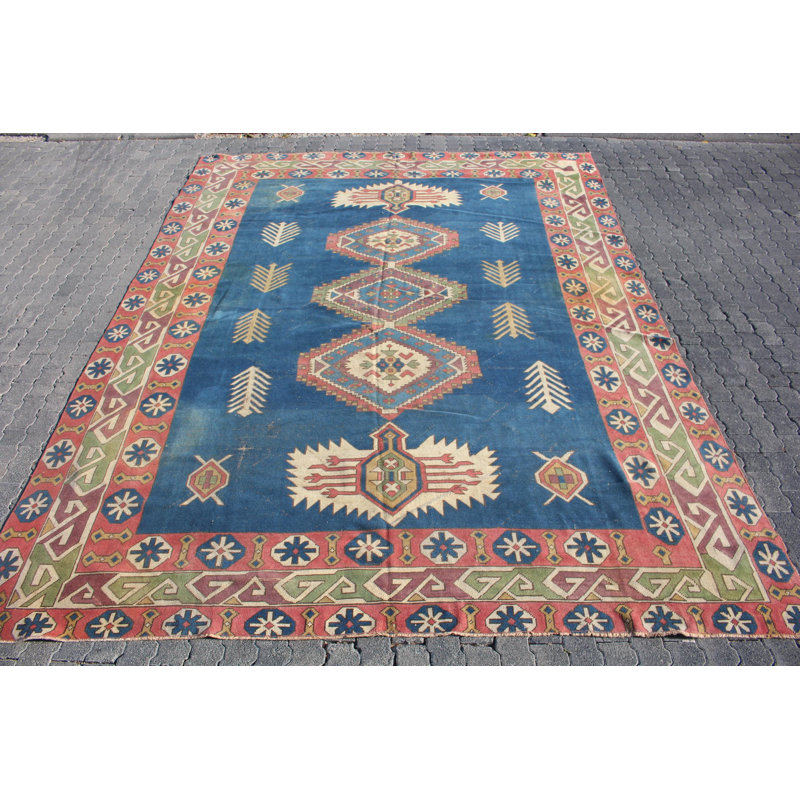 Tapis turc vintage en laine fabriqué à la main en bleu pour un très grand décor de salon