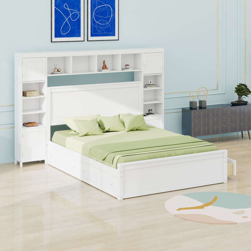 Lit en bois avec armoire tout-en-un, tablette et douilles, tiroirs, Blanc