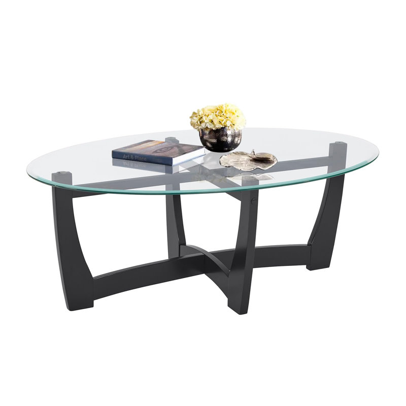 48" Oval Glass Coffee Table with Wood Base, Black, Transparent, Black
