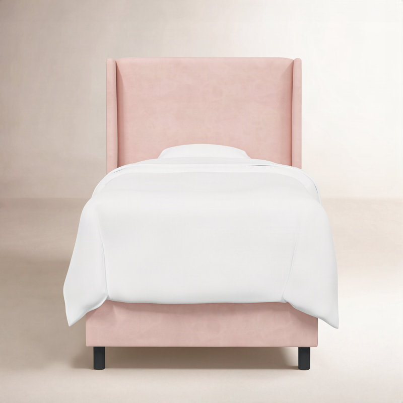 Lit tapissier standard à profil bas Emilio, Double, Velours performance rosé classique