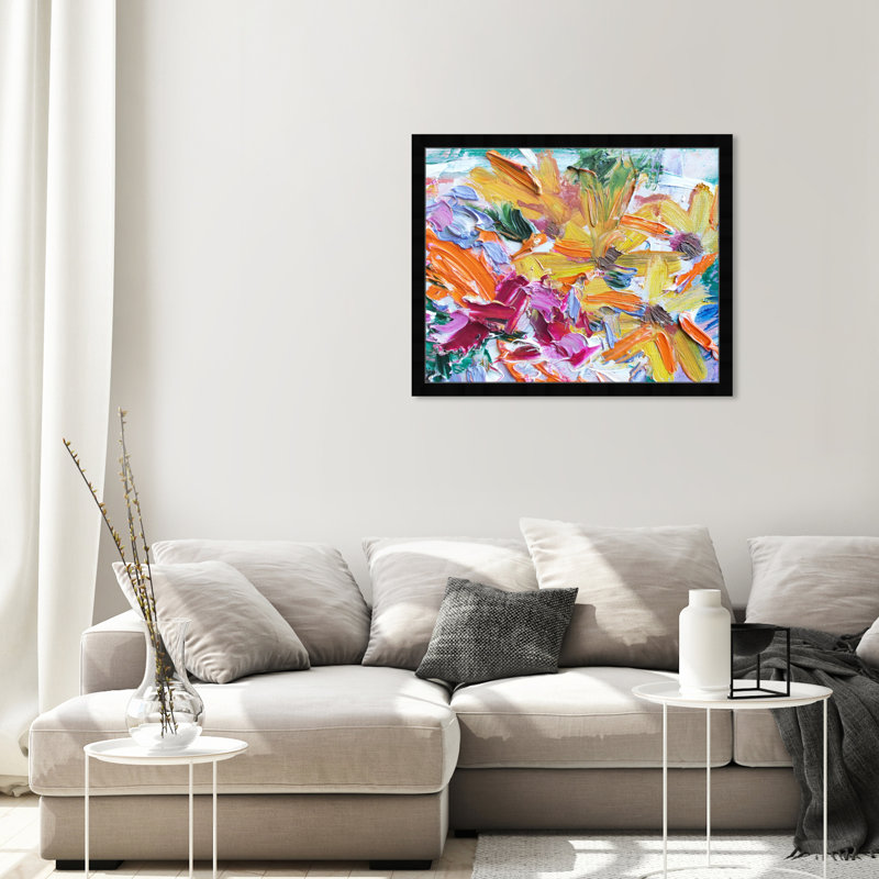 Abstrait «Couple Daisies With An Orchid», reproduction d'art murale, H 22 po x l 26 po x P 0,5 po, Or