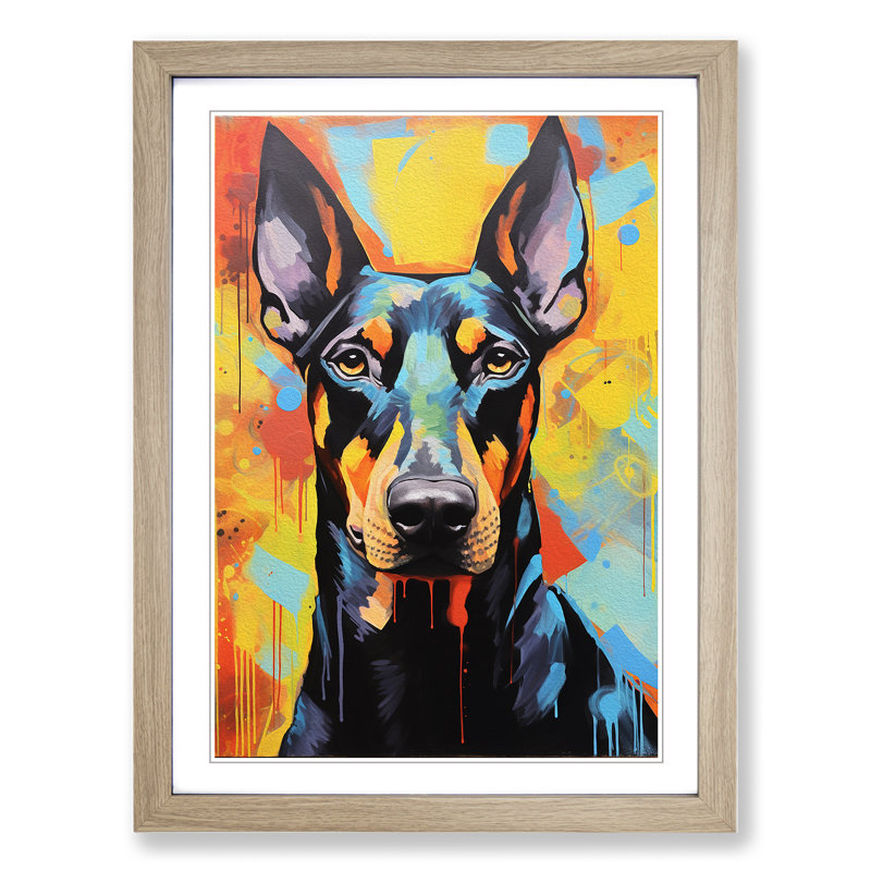 Doberman Expressionism - Single Picture Frame Print on Wood, Oak Framed, 34cm H x 25cm W