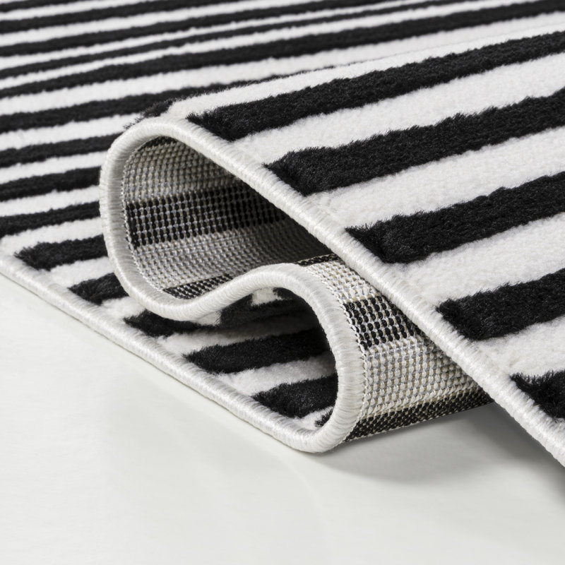Aarhus High-Low Minimalist Scandi Striped Black/White Rug, Rectangle 7'9" x 10'
