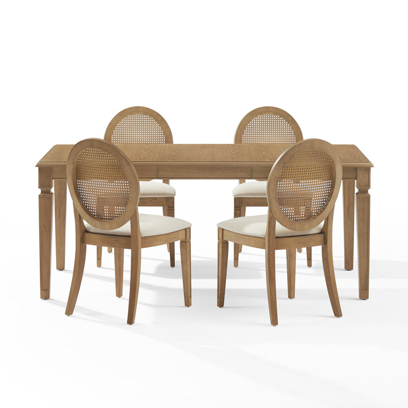 Jacolyn 5pc Dining Table Set For 4 Cane-back Upholstered Chairs, 5 Pieces: Table, 4 Chairs