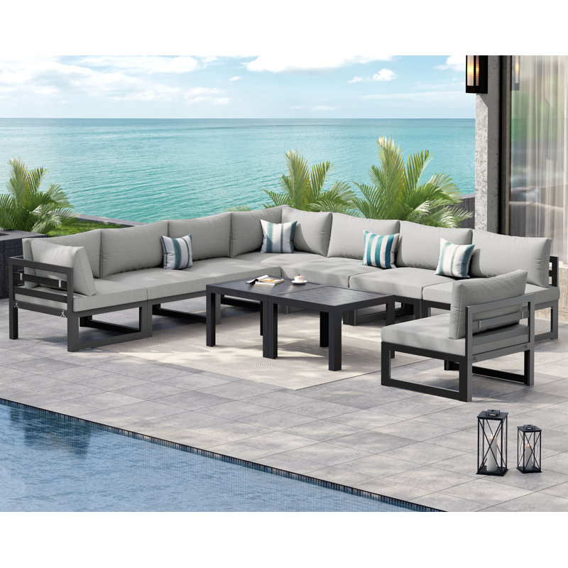 Gillean 8 - Person Modern Aluminum Outdoor Sectional Seating Group with Cushions & Coffee Table, Rust-Resistant Patio Conversation Set