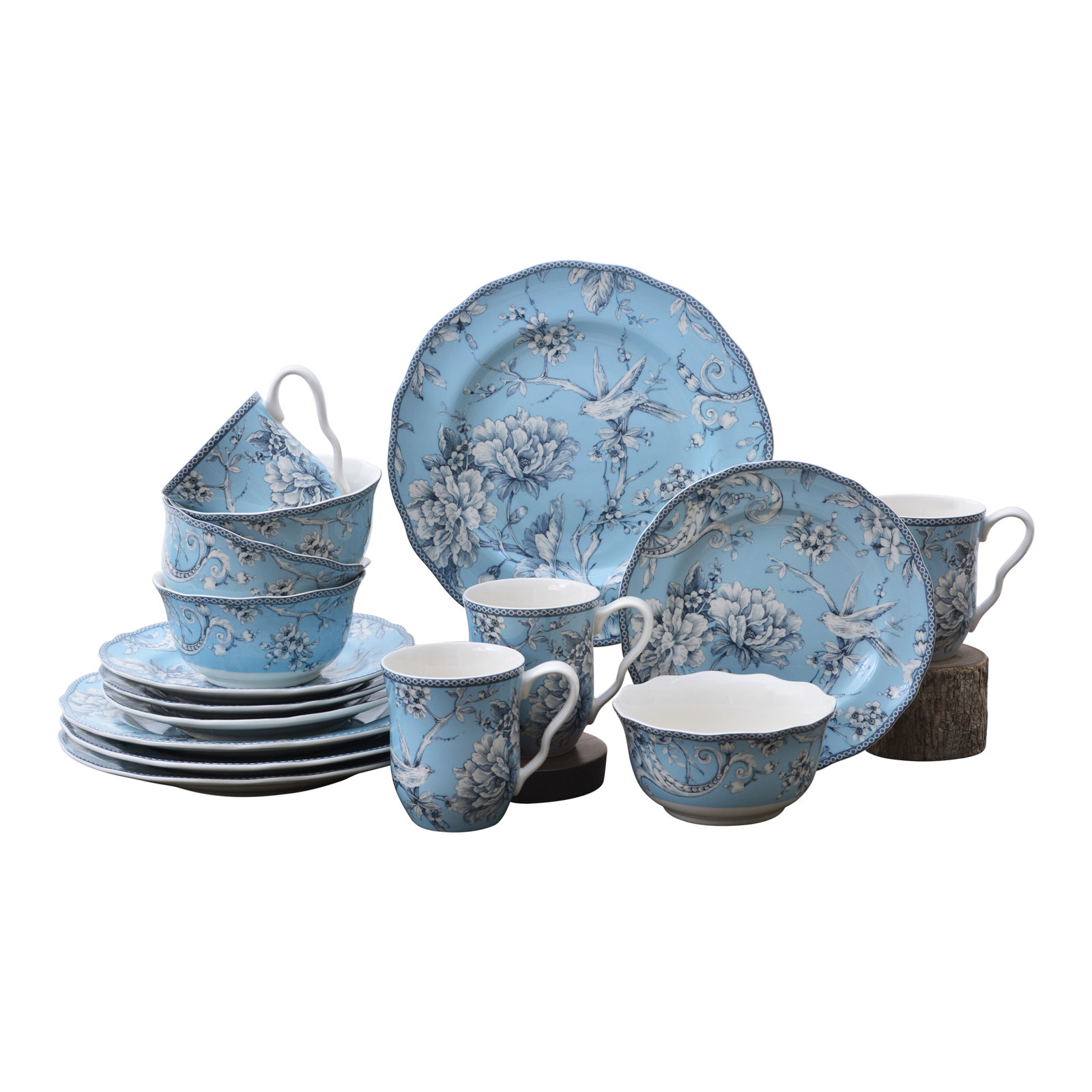 Adelaide Porcelain Dinnerware Set - Service for 4, Floral, Light Blue