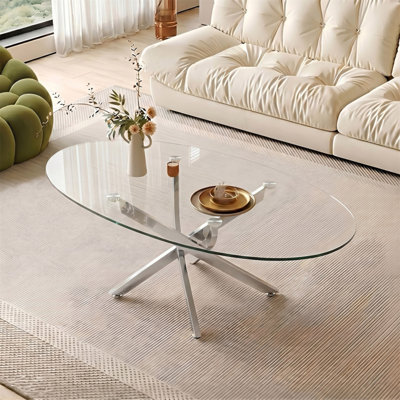 OVAL Coffee Table, 39.37" Glass Side Table with Silver Legs, Modern Tea Table for Living Room