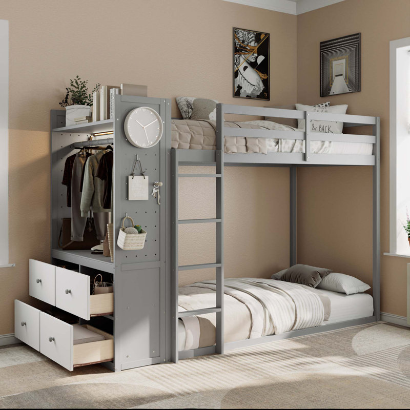 Lit superposé simple peu encombrant avec rangement intégré et garde-robe intelligente, Gris