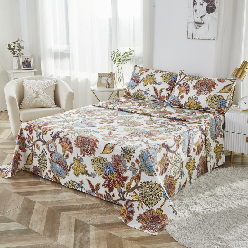 100% Egyptian Cotton Fitted Sheet Set, 4pcs 800 Thread Count Boho Damask Garden Floral Bedding Set, For Bedroom Guest Room Student Dorm All Seasons