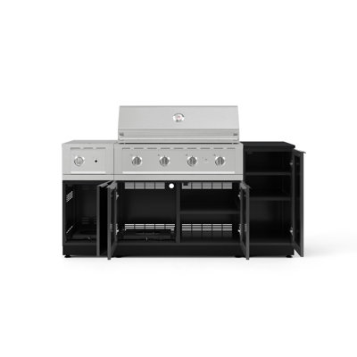 Ensemble d'armoires pour l'extérieur en aluminium gris ardoise 6 pièces avec 1 porte, 1 gril, 4 brûleurs au gaz naturel, 1 brûleur latéral et 1 plateau noir Dekton