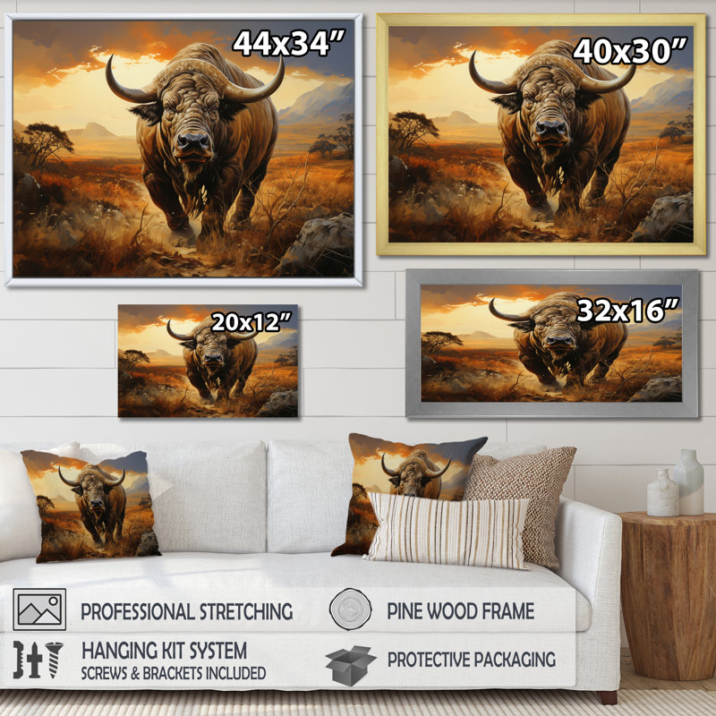 Animaux de buffle beige et orange sur toile, Cadre photo noir, H 34 po x l 44 po x P 1,5 po