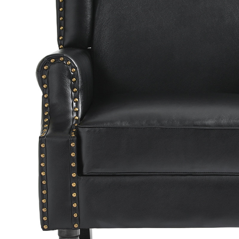 Duward Upholstered Black Faux Leather Wingback Accent Chair with Nailhead Trim, Black Faux Leather