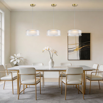 13.39" Modern Glam LED Drum Pendant Light, 8W Ribbed Clear Acrylic Shade, Ceiling Hanging Fixture For Dining Room, Kitchen Island, Living Room, Foyer