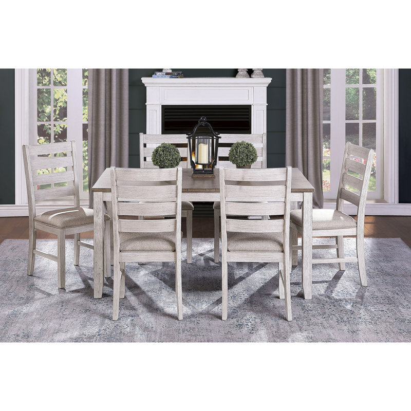 7 pièces de salle à manger 7 pièces en blanc gris et brun, table rectangulaire en bois, 6 chaises rembourrées en tissu, blanc / brun, décontracté
