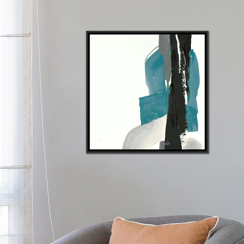 " Black And Teal I ", 18" H x 18" W x 1.5" D, Black Framed Canvas, No Mat