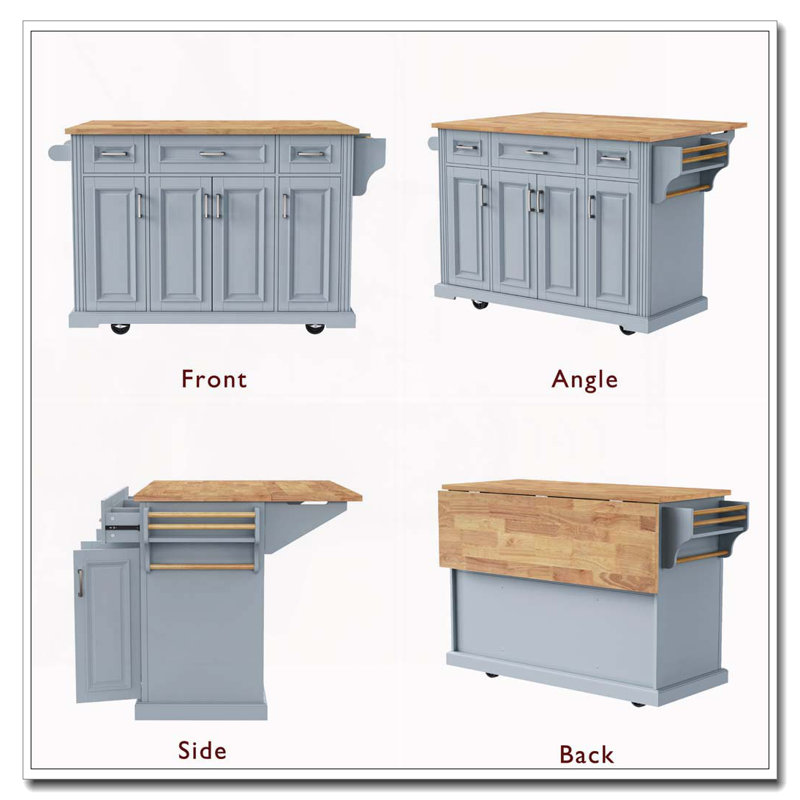 54inch Large Kitchen Island with Rubber Wood Drop Leaf, Embossed Texture Rolling Kitchen Cart on 4 Wheels with 4 Doors and 3 Drawers