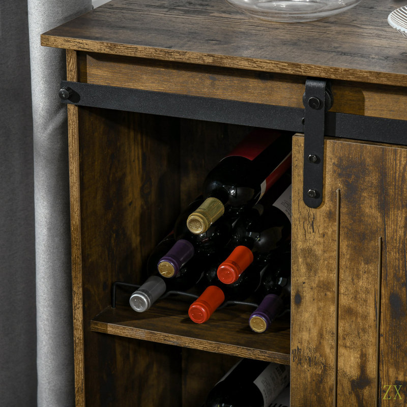 Armoire à vin industrielle, armoire de rangement à buffet, buffet de service avec porte de grange coulissante et support à vin pour 6 bouteilles