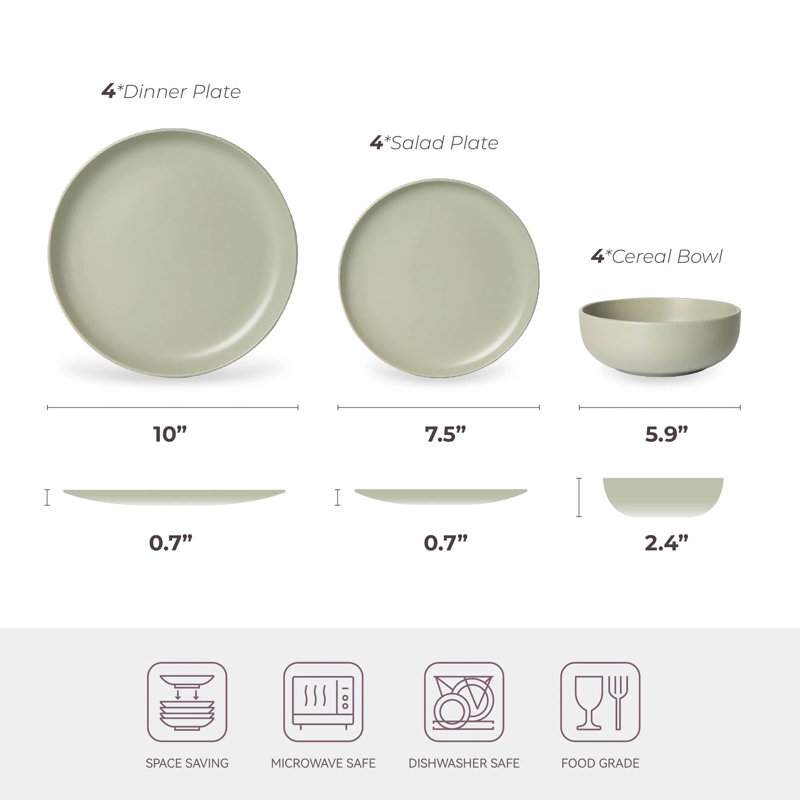 Service de table 12 pièces en grès, service pour 4 avec assiettes et bols, vaisselle empilable allant au lave-vaisselle et au micro-ondes, ustensiles de cuisine glaçure mat non toxique