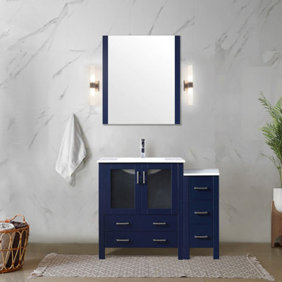 Bleu marine 42 po W Meuble-lavabo simple avec armoire latérale, comptoir en céramique blanche, robinet, tiroirs à fermeture douce, 1 armoire intérieure et 5 tiroirs