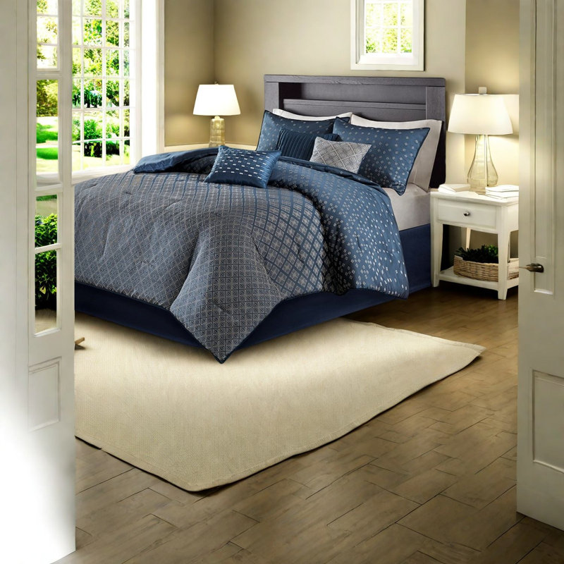 Ensembles de literie luxueux en jacquard, polyester, bleu marine moderne, confort à la maison