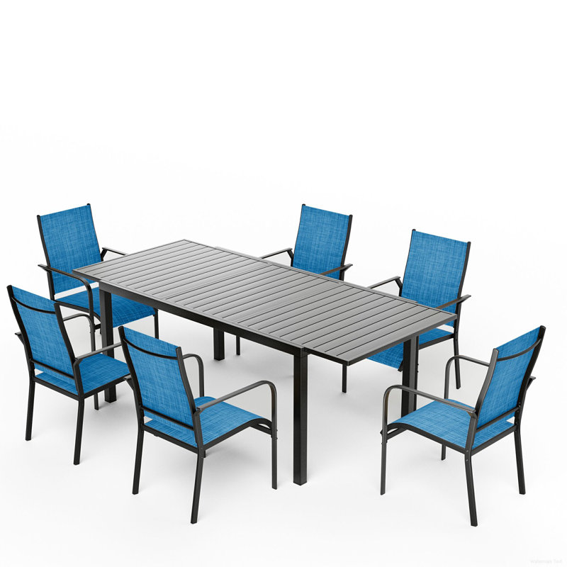 7 Piece Patio Expandable Table Dining Set, Outdoor Dining Table And Chairs Set For 4 To 8, 6 PVC-coated polyester Chairs, 1 Iron Expandable Dining Table, Patio Furniture Set For Deck, Backyard, Lawn, Poolside