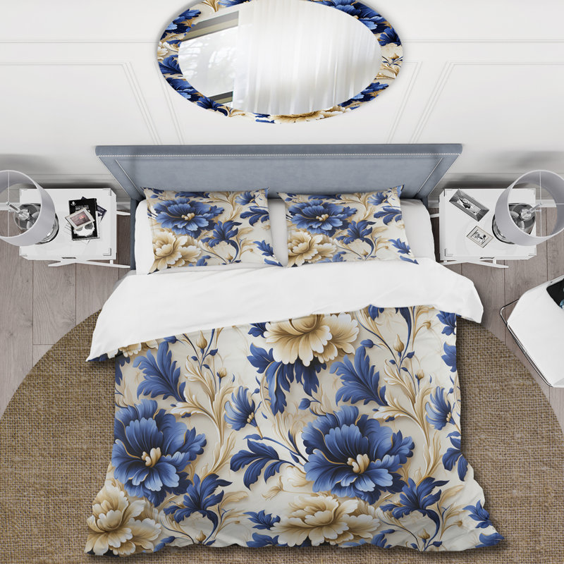 Literie à motif baroque victorien bleu cobalt, Housse de couette pour très grand lit et 2 très