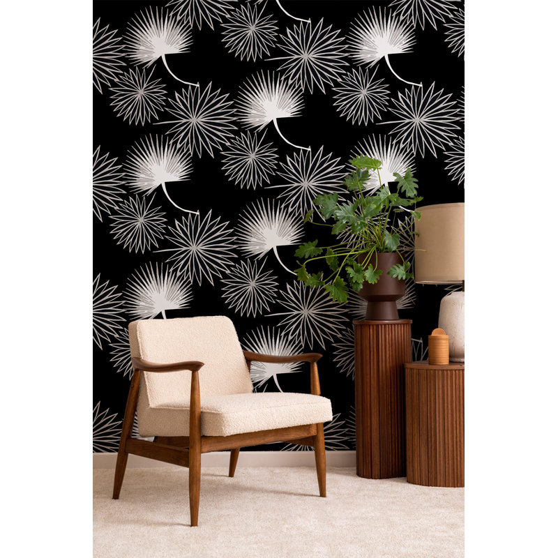 Cabbage Palm 10' L x 24" W Peel and Stick Wallpaper Roll, Black, Self-adhesive, Vinyl