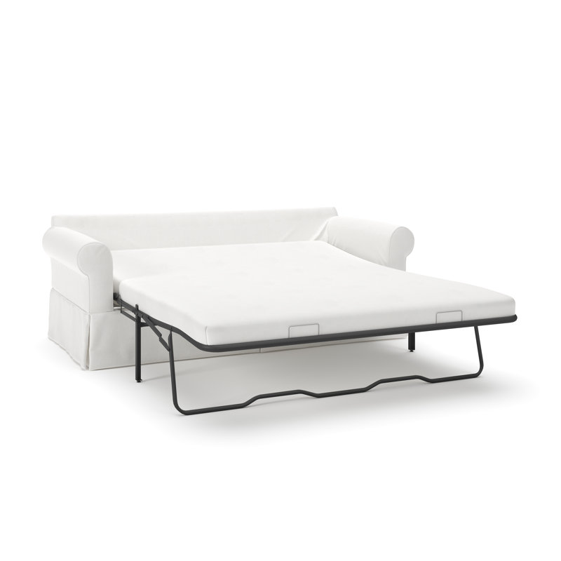 Amari 84" Rolled Arm Slipcovered Sleeper Sofa with Reversible Cushions, Drusky Moonglow Sustain® Basketweave