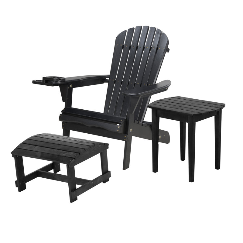 Valdese Pine Foldable Outdoor Adirondack Chair With Ottoman, Black