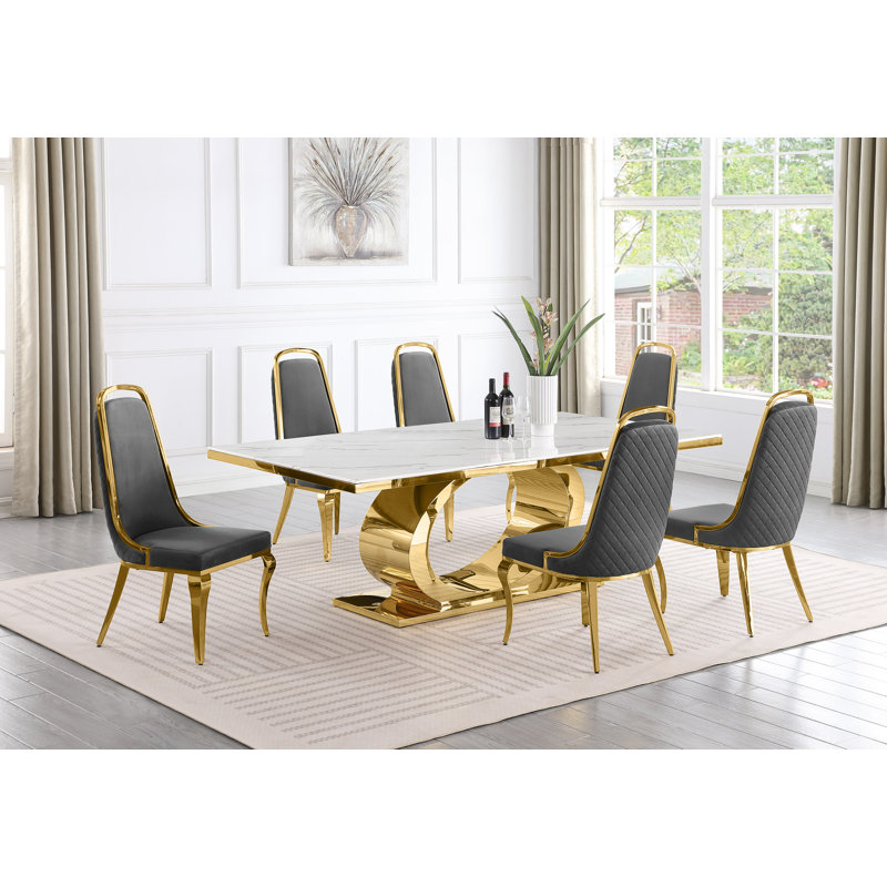 Bankston Marble Top Pedestal Dining Set, 7, Gray/Gold, Gold