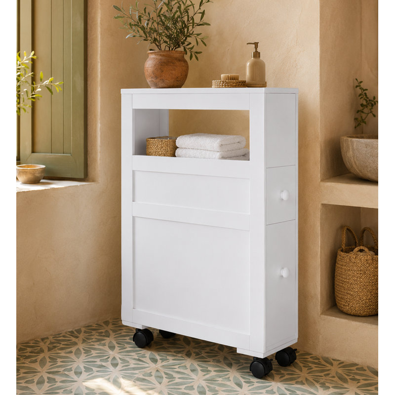 Armoire de rangement contemporaine à roulettes en bois mince avec tiroirs à roulettes et tablette latérale pour petits espaces de salle de bain