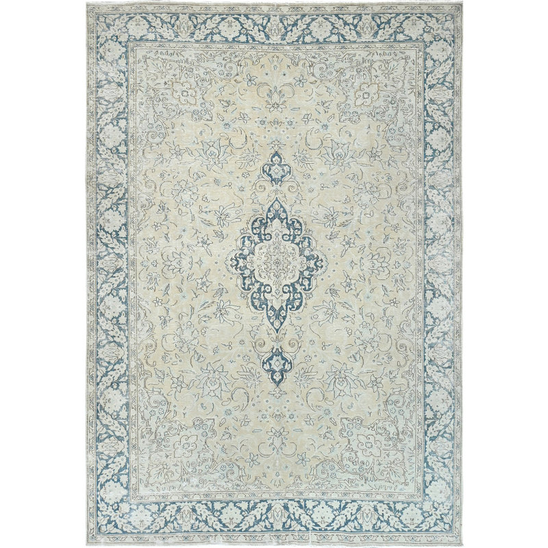 High-Quality Hand-Knotted Ivory And Blue Area Rug