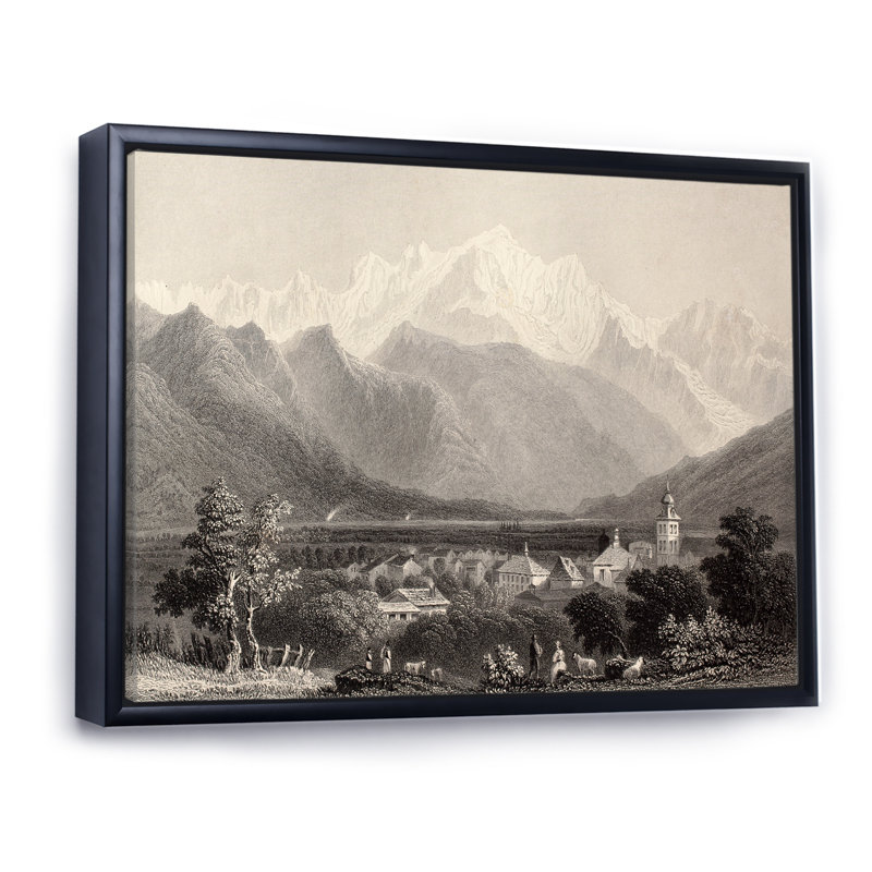 Mont Blanc monochrome - impression sur toile, Cadre flottant noir, H 16 po x l 32 po
