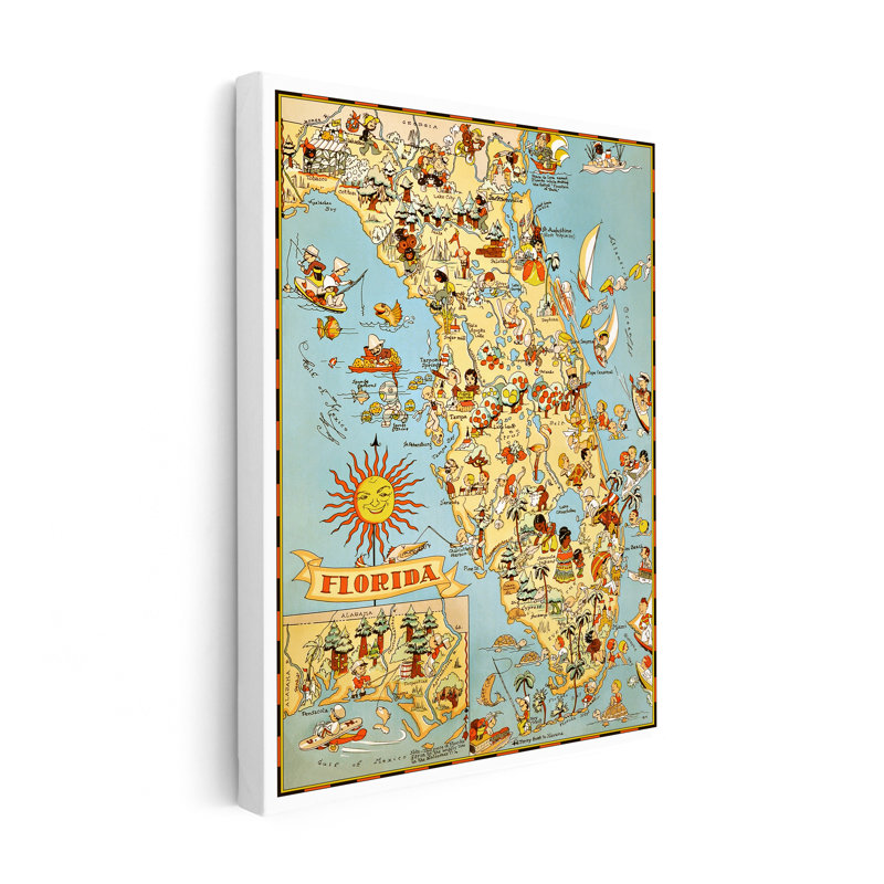 Carte illustrée de la Floride, Sans cadre, Canevas, H 18 po x l 24 po