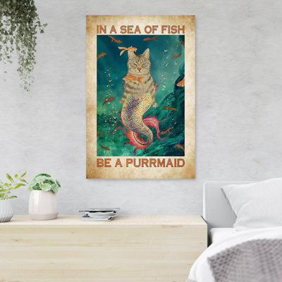 «Cat Under The Sea - In A Sea Of Fish Be A Purrmaid», reproduction d'art graphique sur toile tendue