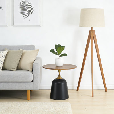 Living Room Round Small Side Table Narrow End Table Accent Table, Wood Top + Metal Base
