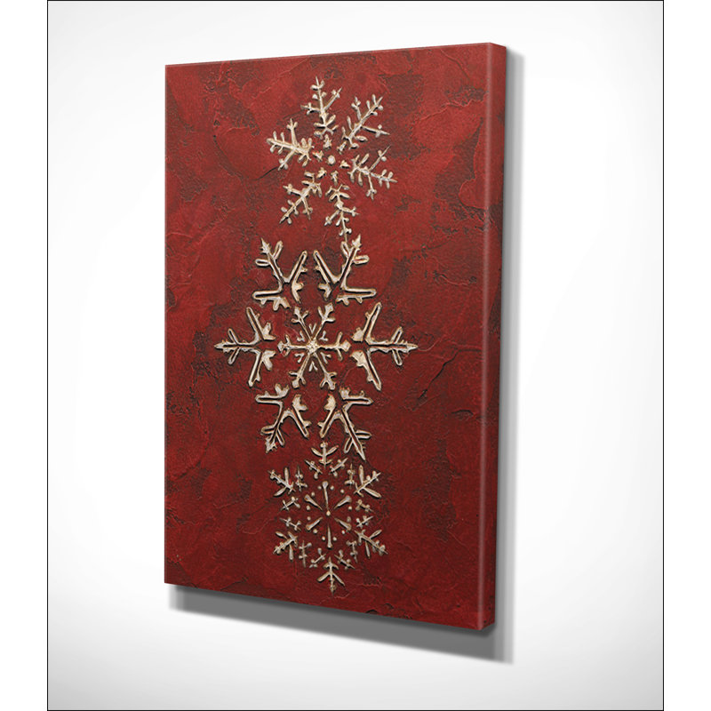 «Snowflakes on Red I» par Jane Carroll - reproduction d'art sur toile tendue, H 24 po x l 32 po x P 1,5 po