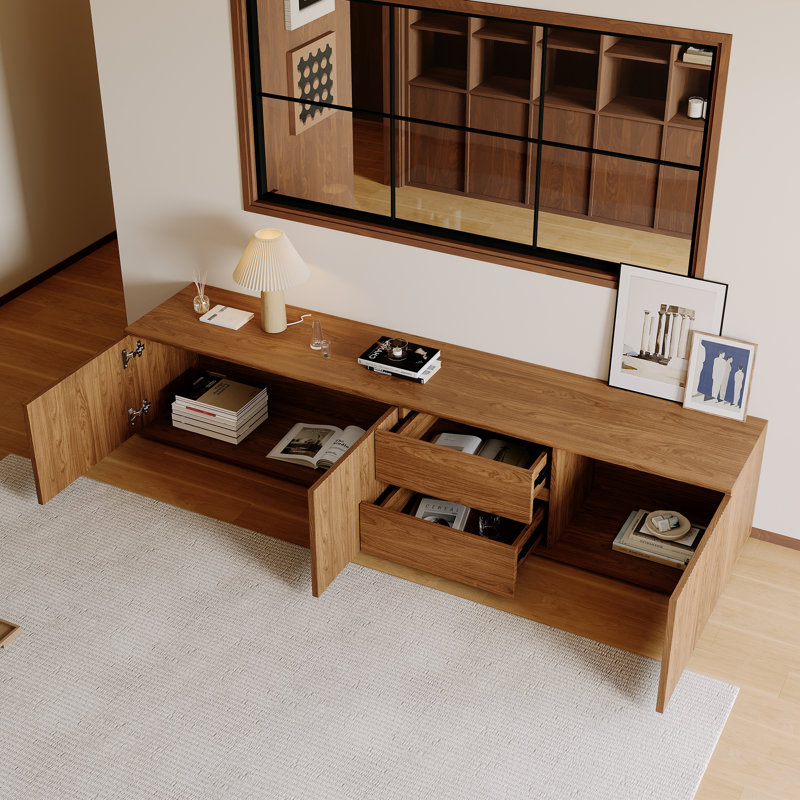 78" Mid-century Modern Tv Stand With Fluted Doors, Walnut Entertainment Center With Cabinets & Drawers, Low Profile Tv Console For Tvs Up To 85"