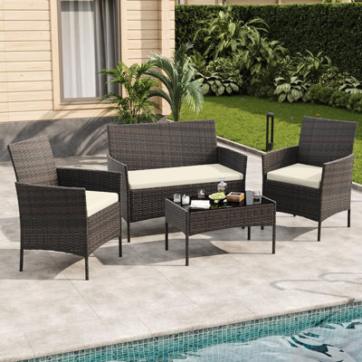 4-Piece Patio Furniture Set, Outdoor Wicker Furniture with Glass Coffee Table, Gray Rattan Conversation Set with Washable Cushions for Backyard, Porch, Poolside, Garden, Lawn