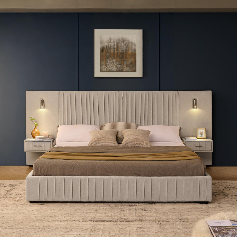King Size Upholstered Bed Frame, Beige