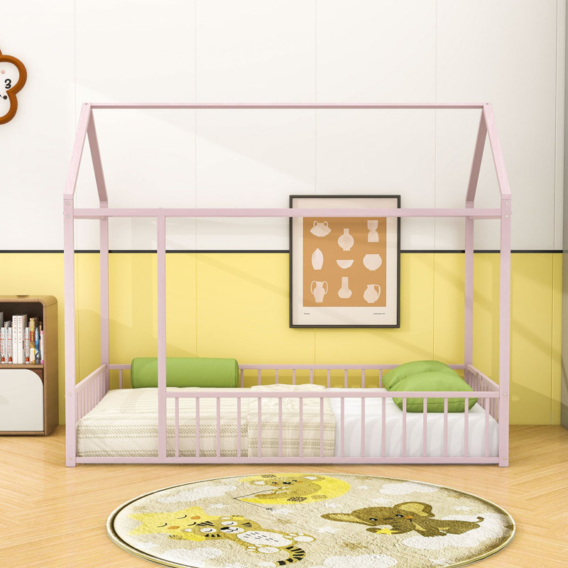 Twin Metal House Bed With Fence-Style Guardrails, Pink