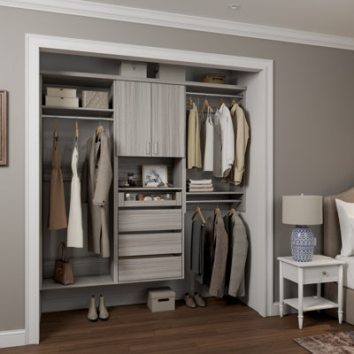 Grey Oak 106.5" Wall-Mounted Single Wall Closet System with 3 Sections, Slab Doors, 3 Clothing Rods, 5 Shelves & 4 Reveal Drawers