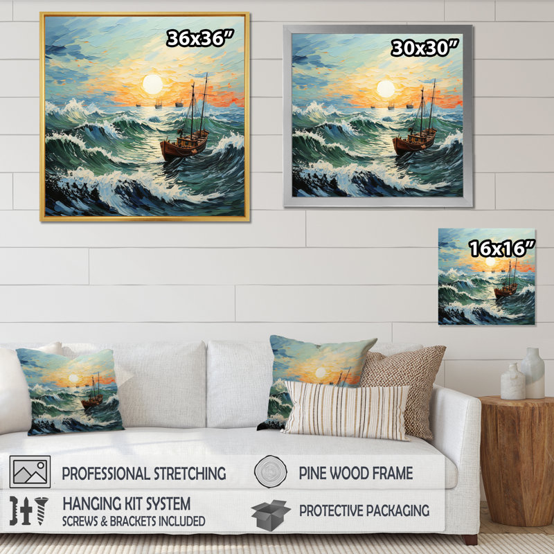 Paysage marin de Vangogh avec pêche I, H 36 po x l 36 po x P 1,5 po, Cadre flottant blanc